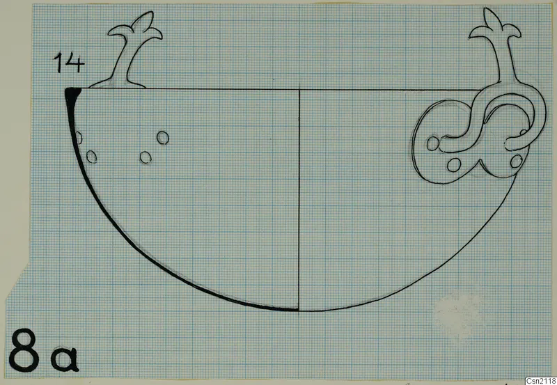 Drawing of a bowl with two handles above the rim, on squared graph paper