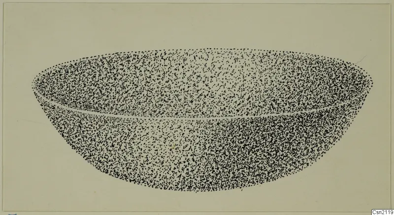 Stippled drawing of a shallow, wide bowl seen from the side with its interior visible.