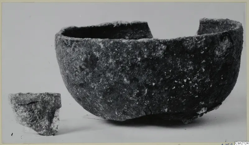 Rounded bowl with a broken rim and a small broken fragment beside it, on a pale background