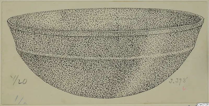 Drawing of a single bowl with a rounded body and slightly everted rim, shown in stippled ink