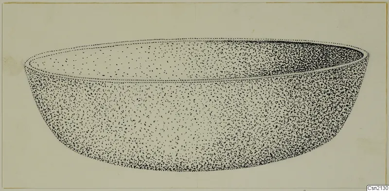 Ink drawing of a deep, rounded bowl seen from the side, with stippled shading