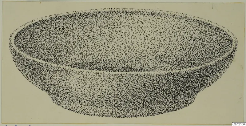 Stippled drawing of a wide, shallow bowl with a low foot ring, seen slightly from above