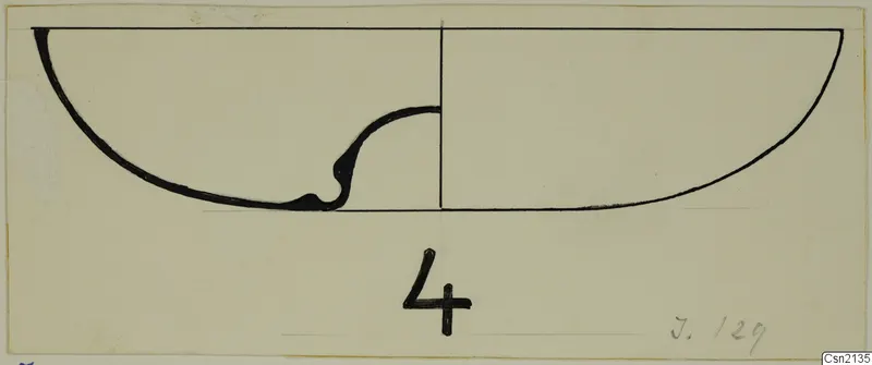 Section drawing in ink of a bowl profile with a curled projection at the base, with a number label below