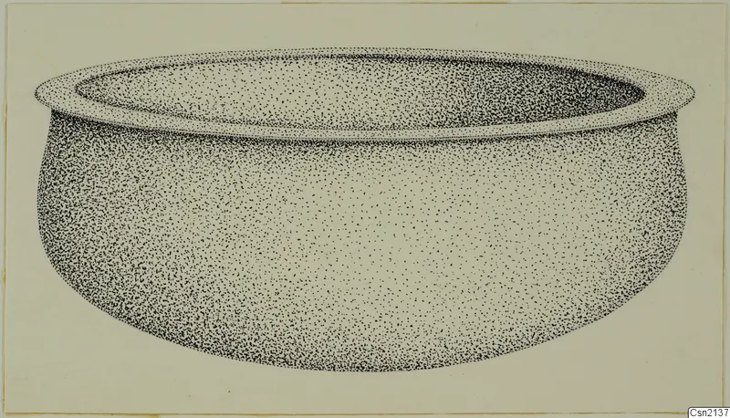 Stippled drawing of a wide bowl with a thick everted rim and a rounded body