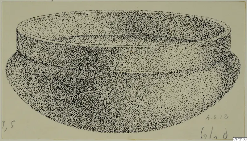 Stippled drawing of a bowl with a wide mouth, a short upright rim band and a rounded body