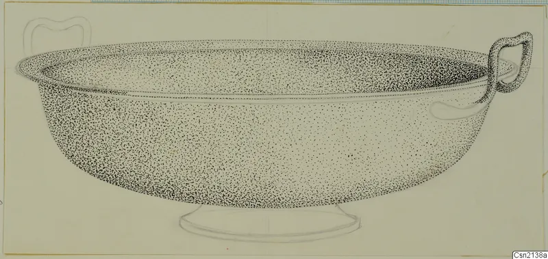 Stippled ink drawing of a shallow bowl with two handles and a low pedestal foot.