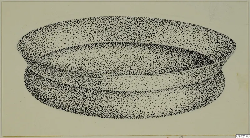 Stippled ink drawing of a shallow bowl with a wide, flaring rim, seen at an angle from above