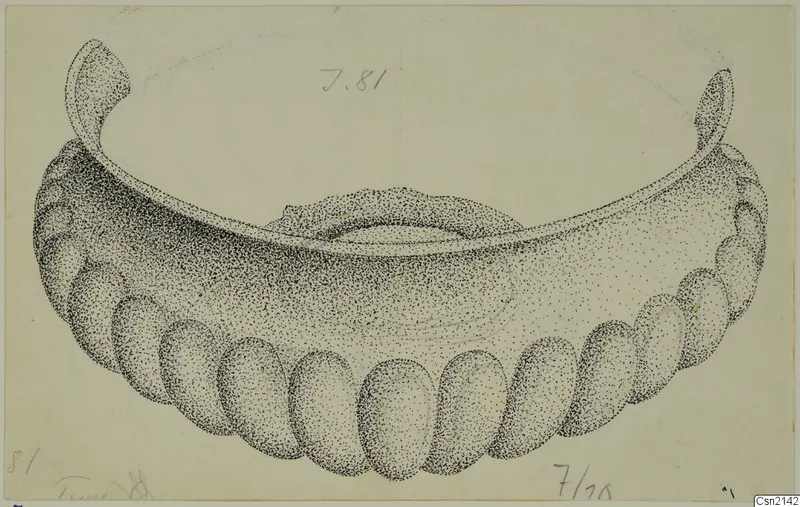 Stippled ink drawing of a bowl from Idalion with a flaring rim and a row of oval lobes around the body