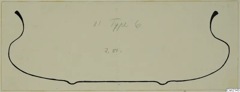Profile drawing of a bowl in black ink, with handwritten notes on the sheet