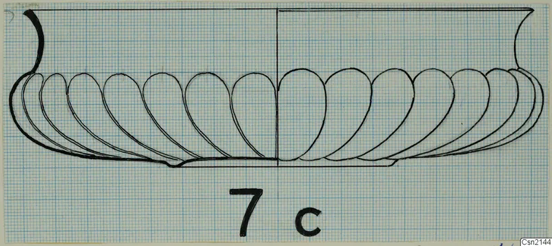 Drawing of a bowl in side profile, with a flared rim and a lobed lower body, on grid paper