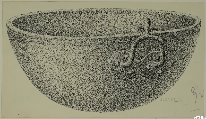 Stippled drawing of a bowl with a curving applied relief ornament on its outer side