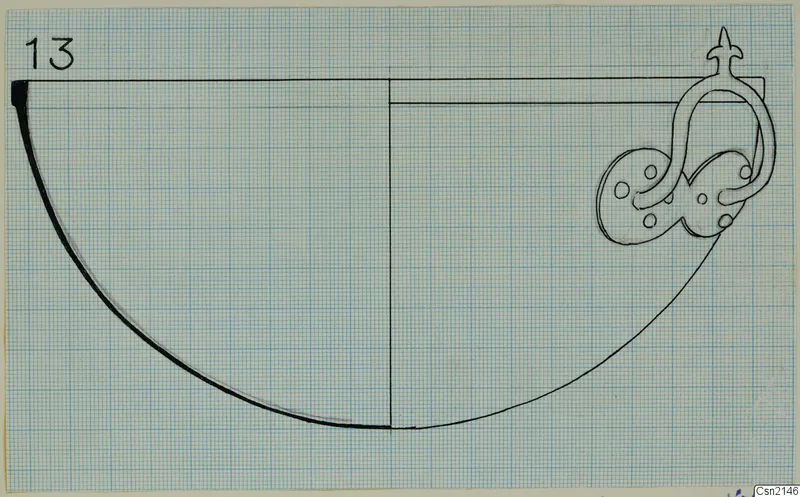 Drawing of a bowl profile with a looped handle at the upper right, on squared paper