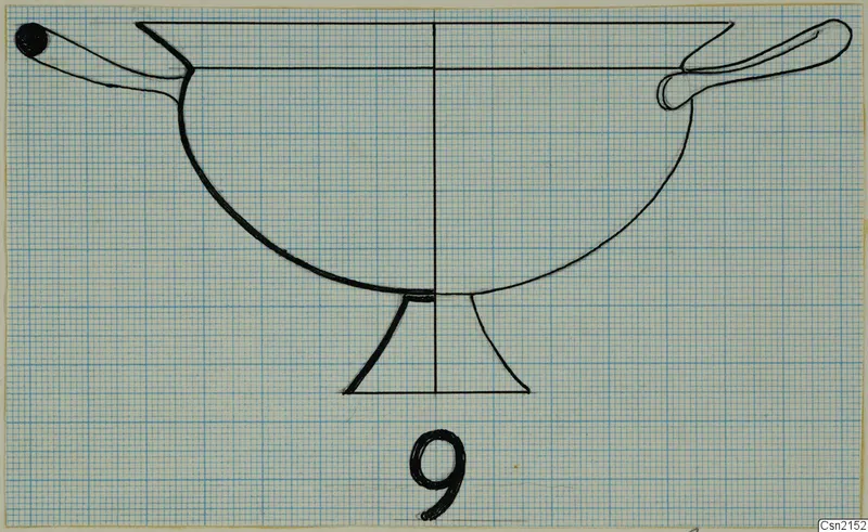 Drawing of a bowl profile with two handles and a footed base, with a number label below.