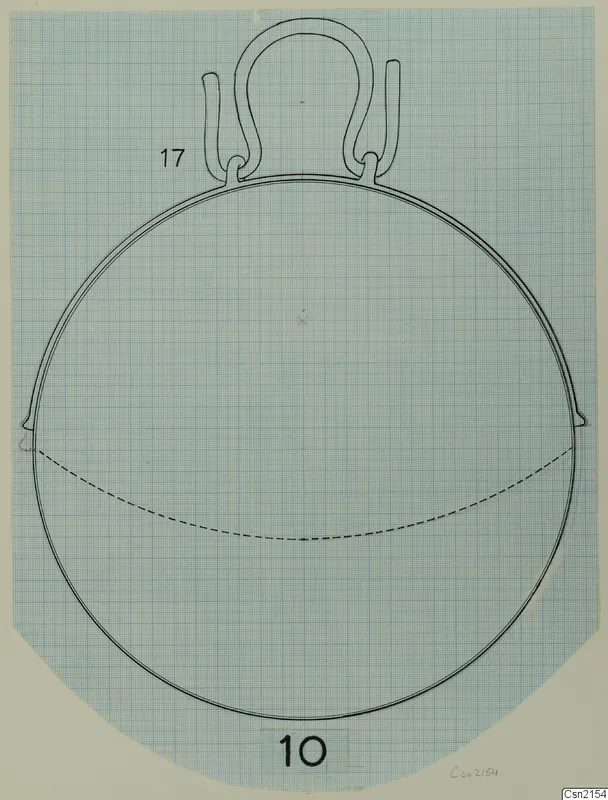 Drawing of a round-bodied vessel with a strap handle on top, on blue grid paper