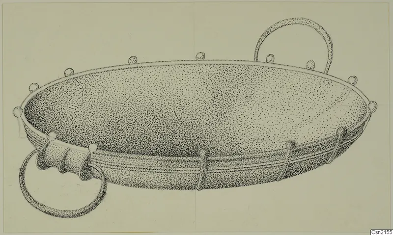 Drawing of an oval bowl with two large ring handles and small knobs around the rim