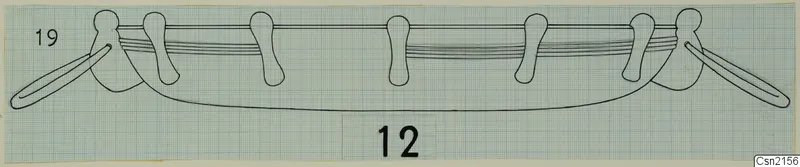 Drawing of a bowl in side view, with five upright lugs and two long side handles, on squared paper