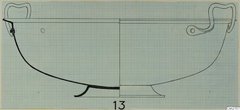 Drawing of a wide bowl in profile with two loop handles and a low ring foot.