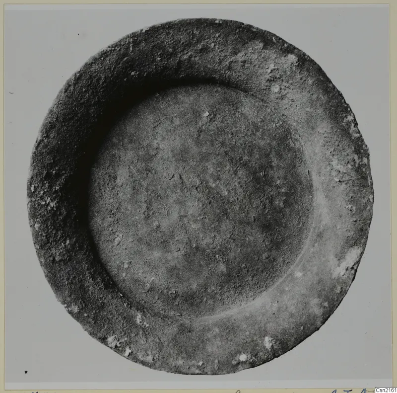 Shallow bowl seen from above, with a broad rim and a rounded central hollow, photographed on a plain grey background.