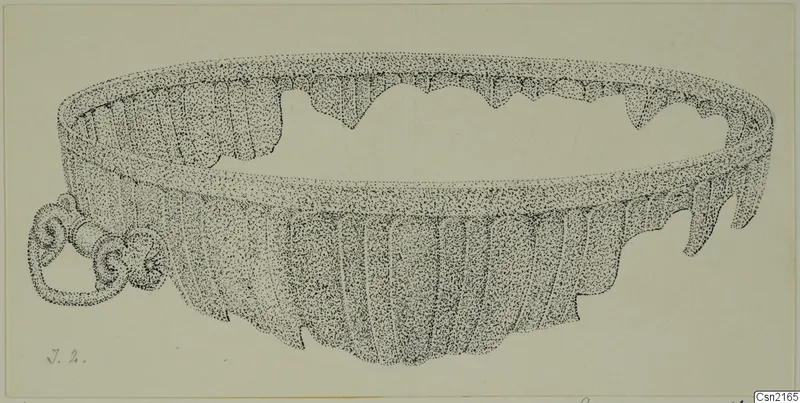 Stippled pen drawing of a fluted bowl from Idalion with a looped attachment on the left side.