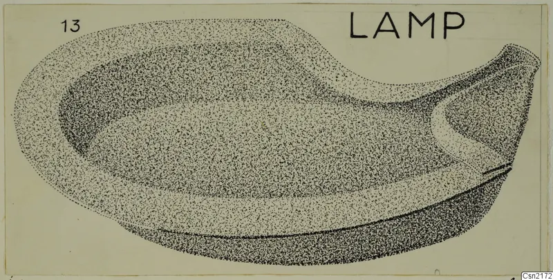 Stippled drawing of a metal lamp with a spout extending to the right