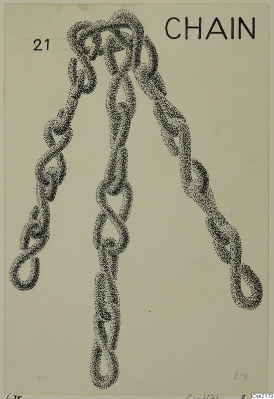 Stippled ink drawing of three metal chains joined at the top and hanging down, with a printed heading.