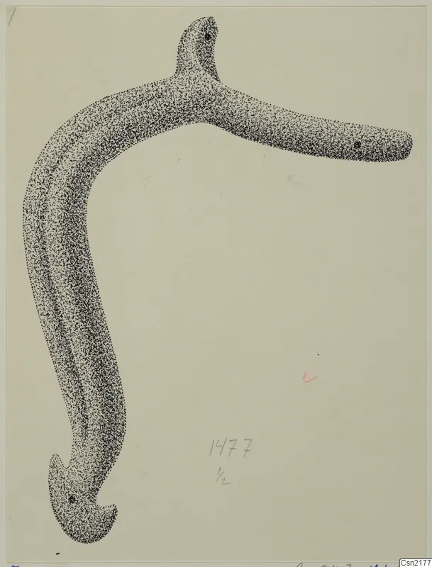 Drawing of a bent bronze fragment with a short upturned arm and a hooked, flattened end, shaded in stippled ink.
