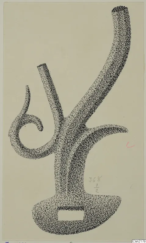 Stippled drawing of a bronze mounting fragment with curved arms and a spiral curl, from Idalion