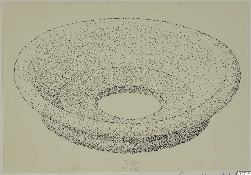 Stippled drawing of a bronze ring-shaped fitting with a wide central opening, seen at an angle