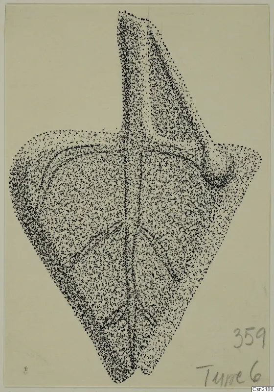 Stippled ink drawing of a bronze fragment from Idalion, broad and pointed with a raised side tab