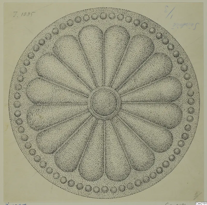 Stippled drawing of a round bronze mounting with petal-shaped lobes around a central boss and a dotted rim