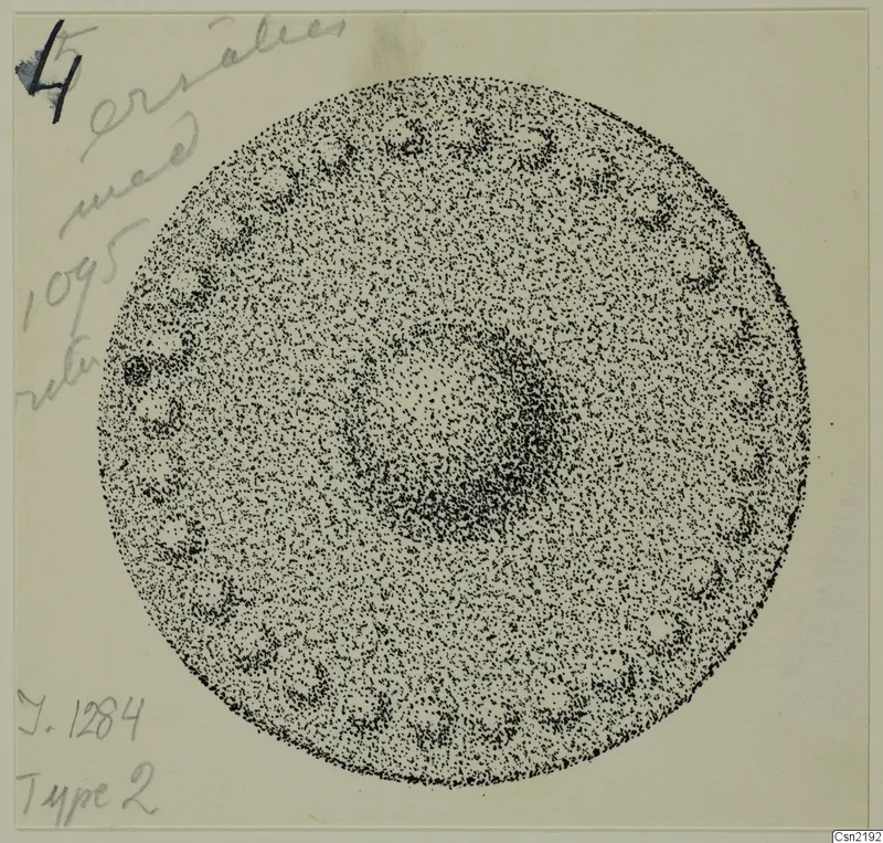 Field drawing of a circular bronze mounting from Idalion, shown in dense dots with pale spots around the rim.