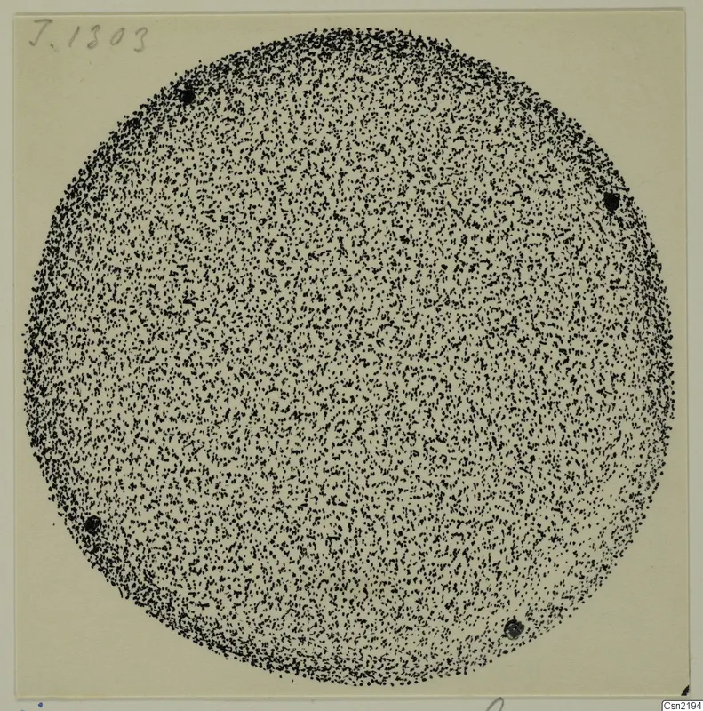 Stippled ink drawing of a round metal object from Idalion, with dense dots and four dark spots near the rim.