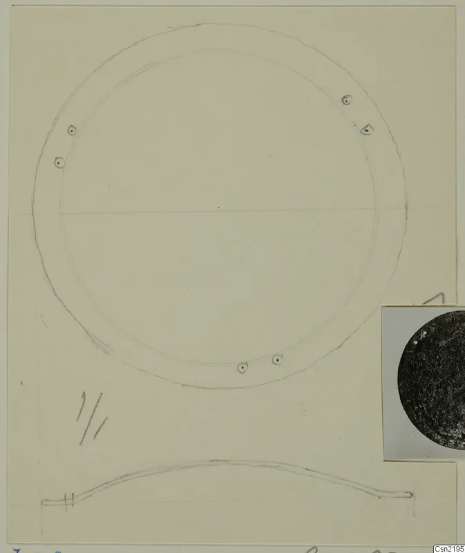 Pencil drawing of a ring-shaped bronze mount with small holes around its rim, with a curved fragment in profile below