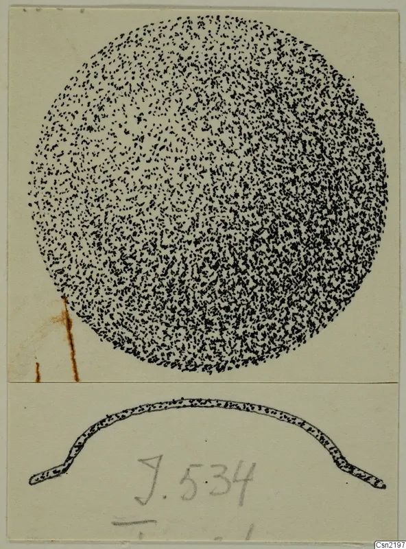 Drawing of bronze mounting fragments from Idalion: a stippled disc above a thin curved strip