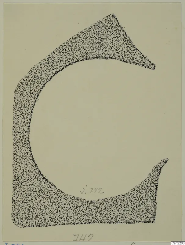 Drawing of a bronze fragment from Idalion, a thick curved piece with a pointed upper end and an upturned lower end