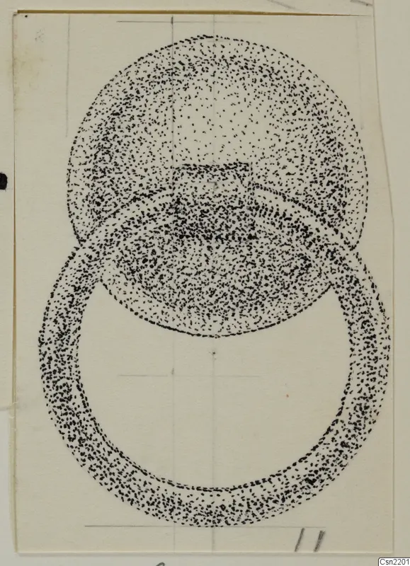 Stippled ink drawing of a bronze mounting: a rounded disc overlapping a broad ring.