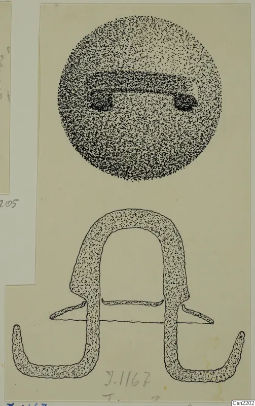 Drawing of bronze mountings and fragments: a stippled disc with a raised band, and an arched piece with hooked ends