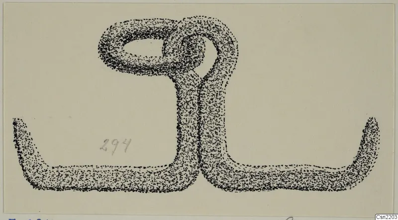 Stippled drawing of a bent metal mounting fragment with a loop at the top, from Idalion