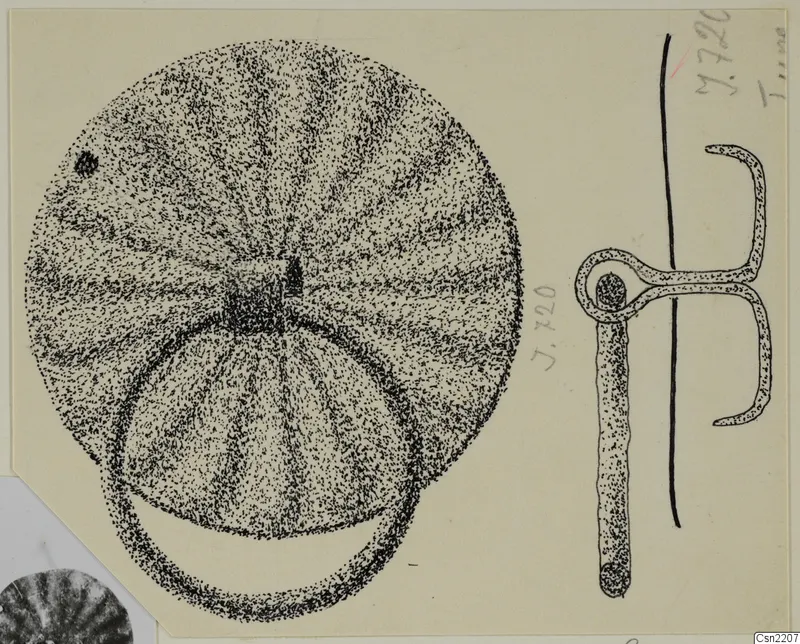 Drawing of bronze mountings and fragments: a stippled round disc with a loop, and a pin with a looped head beside it.