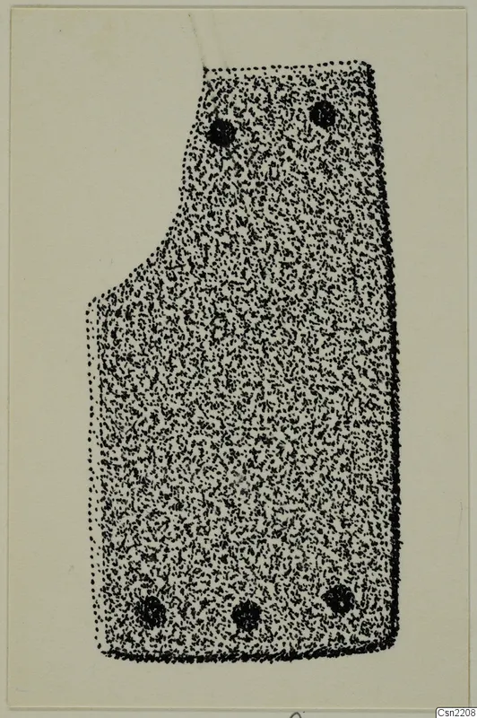 Stippled drawing of a bronze mounting fragment with five small holes, on a pale card