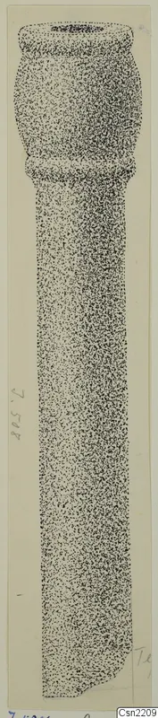 Stippled drawing of a bronze mounting fragment from Idalion, tall and cylindrical with a collar near the top