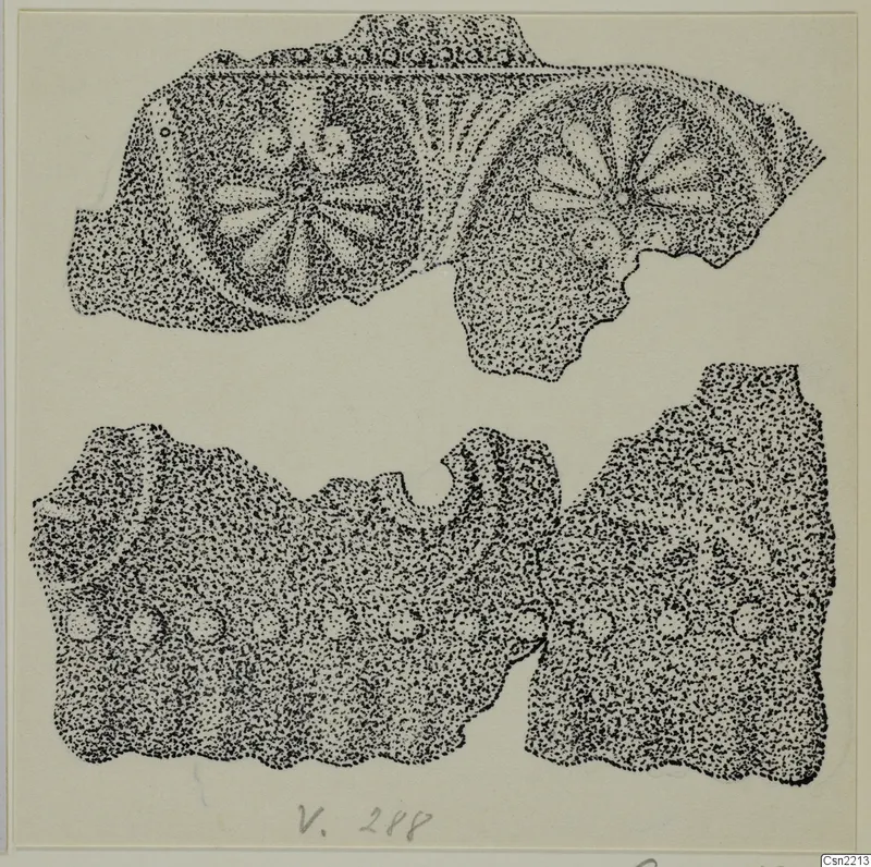 Stippled drawing of bronze mount fragments with rosette designs on the upper pieces and rivet holes on the lower pieces.
