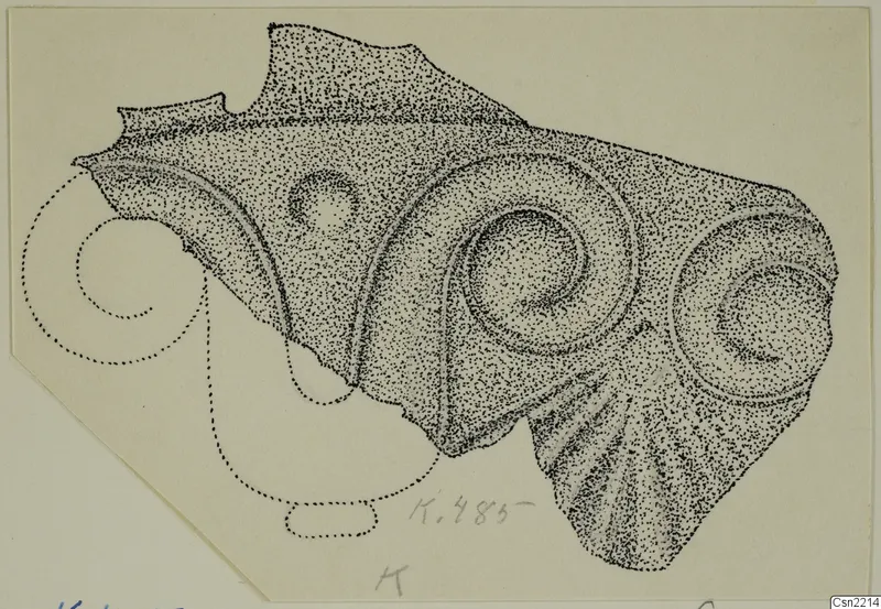 Stippled drawing of a bronze mounting fragment from Kition with spiral ornaments