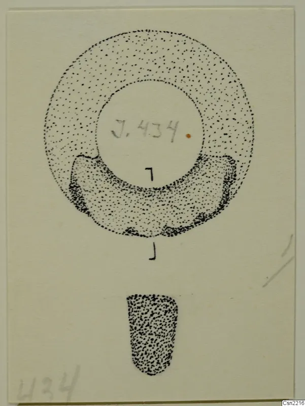 Drawing of ring-shaped jewellery, J.434, with a small tapering object below it