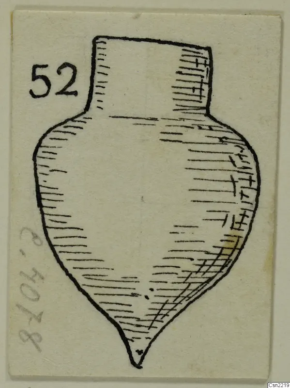 Pen drawing of a vessel with a tall neck and pointed base, on a card with a number label