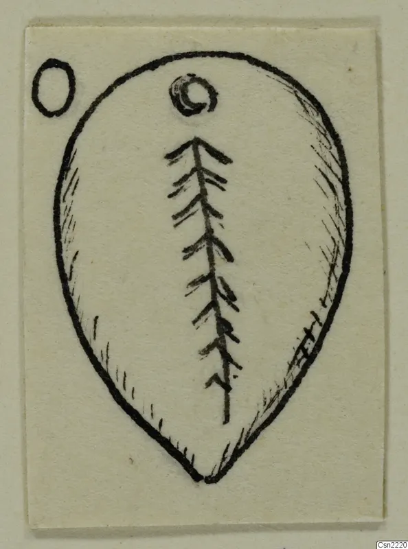 Ink drawing of a leaf-shaped pendant with a loop at the top and a branching linear pattern down the centre.
