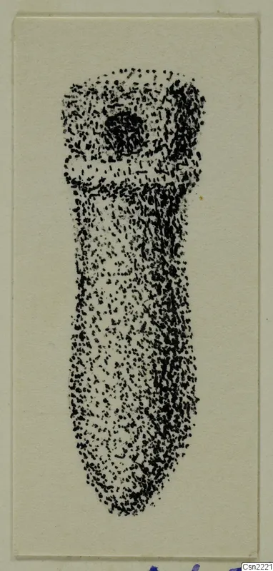Stippled ink drawing of an elongated pendant with a small dark mark near the top