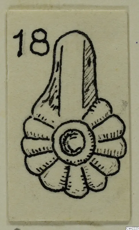 Ink drawing of a jewellery pendant with a long rounded top above a ring of lobed petals, on a card with a number label