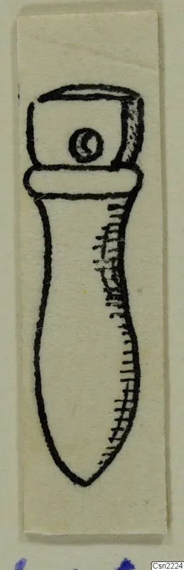 Drawing of a pendant with a small round eye at the top, tapering to a point at the bottom.