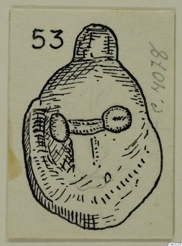 Ink drawing of a pendant with a loop-like knob at the top and a horizontal bar with two rounded ends